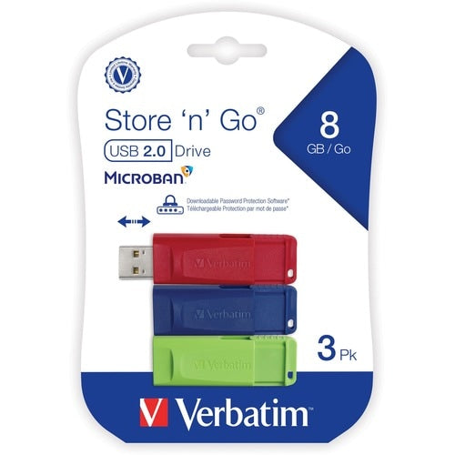 3PK 8GB FLASH DRIVE USB 2.0 SNG RED GREEN AND BLUE
