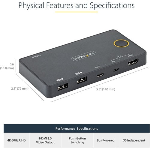 2 PORT USB C KVM SWITCH 4K USB A C HDMI HYBRID MINI KVM SWITCH