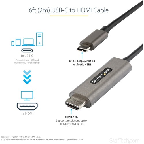 6FT USB C TO HDMI CABLE ADAPTER HDR10 USB-C CONVERTER CABLE CORD